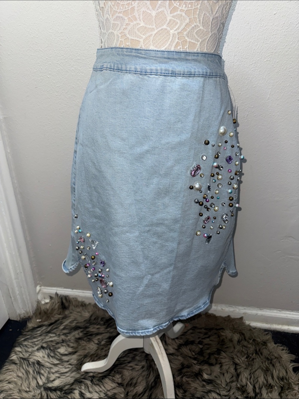 V Cristina Light Blue Denim Pencil Skirt with Pearl & Crystal Embellishments